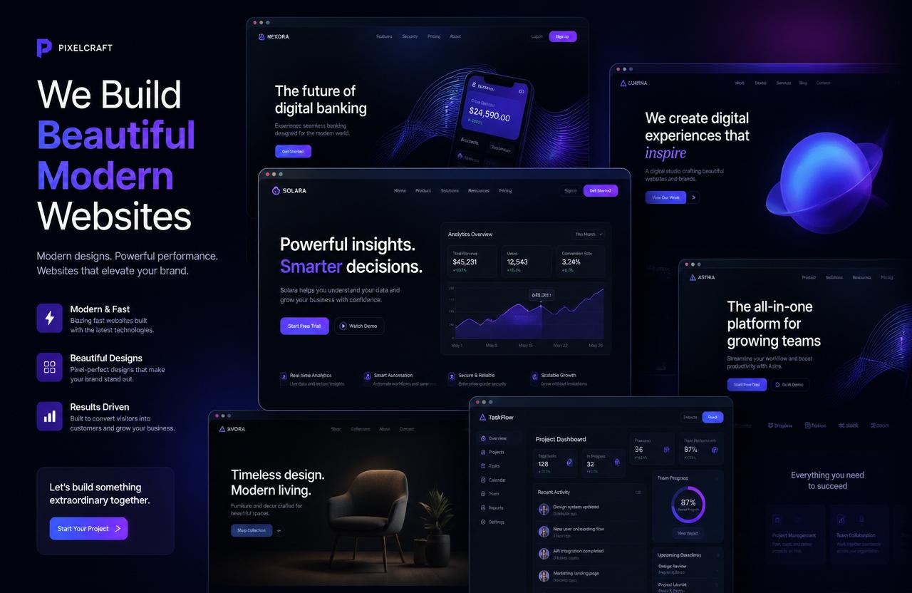 Composite of modern high-end website designs built by Switchwise Digital